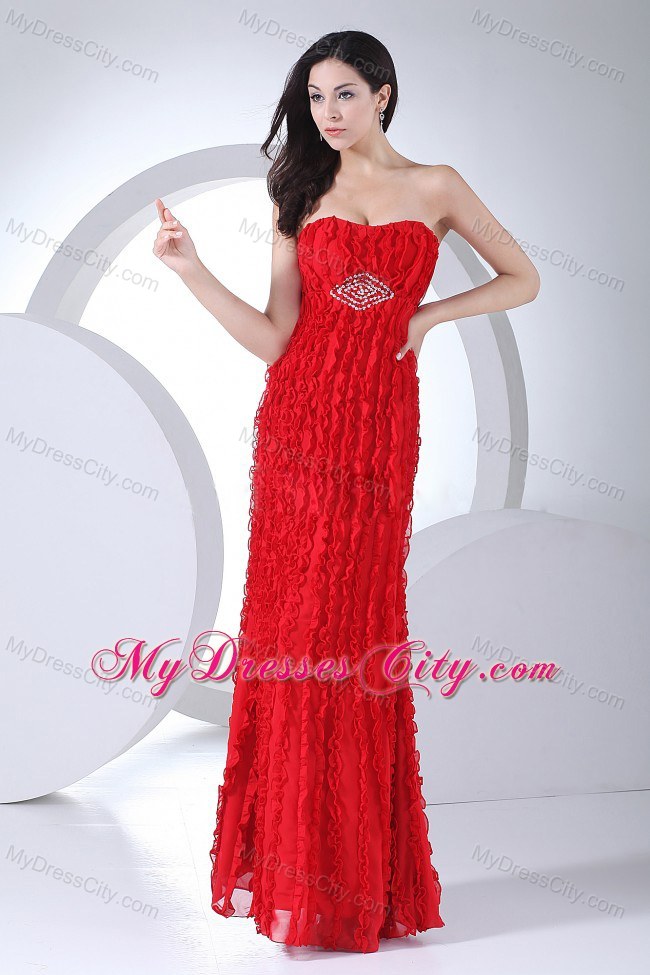 Flowery Red Vertical Ruffled Stripes Beaded Prom Pageant Dress